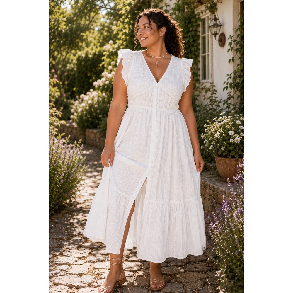 Anthropologie 3X White Smocked Midi Dress Flutter Sleeve Cottagecore Boho Cotton